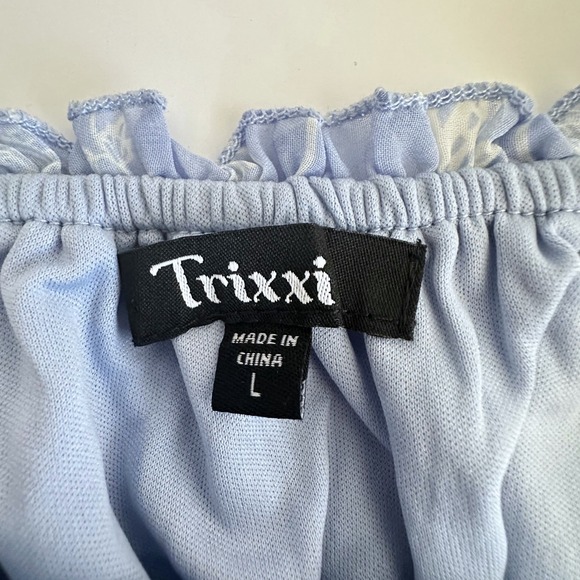 Trixxi Milkmaid Tiered Maxi Dress L Blue Floral Tie Strap Smocked Ruffle Peasant - Picture 6 of 13